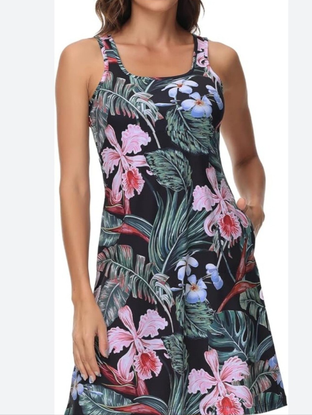 Lightbare Women's UPF 50+ Tank A-Line Dress with Pockets - Black Tropical